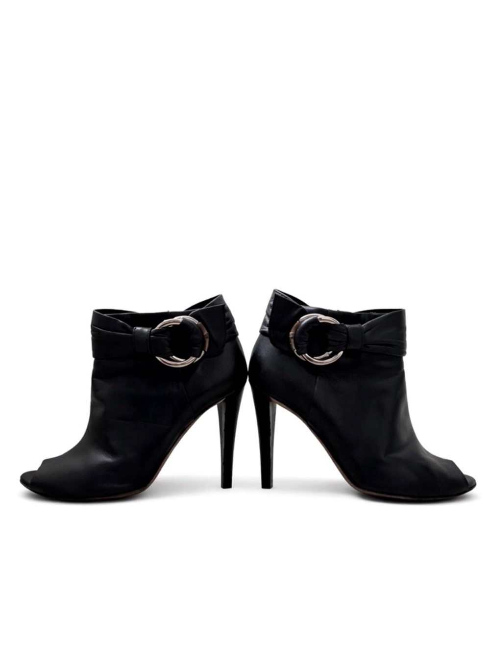 Gucci Black Leather Peep Toe Ankle Booties Ring Buckle Heels Size 38.5